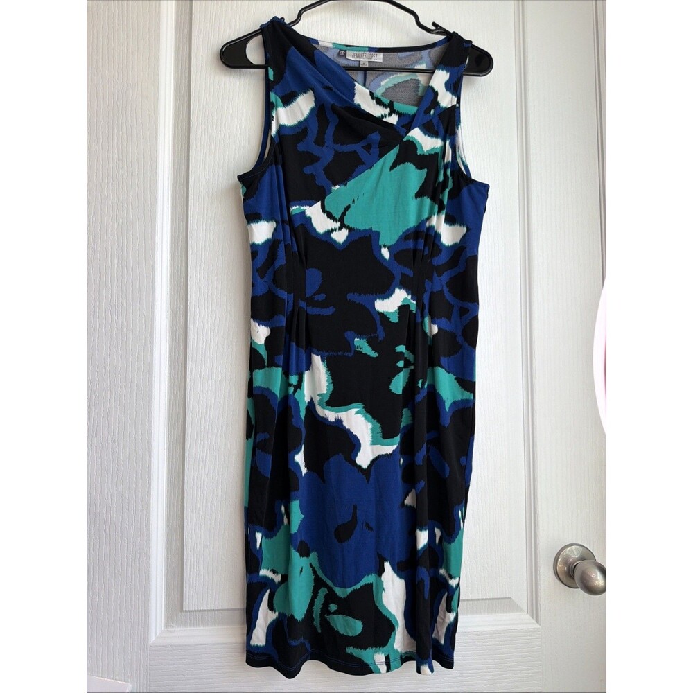 Jennifer Lopez Sleeveless Stretchy Blue Black Floral Midi Dress Medium Sz
